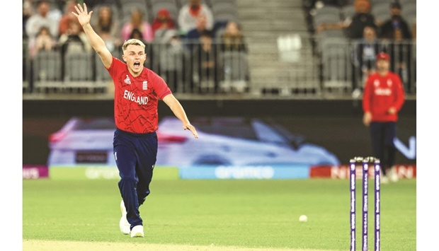 Sam Curran of England appeals for a wicket during the ICC Twenty20 World Cup 2022 match against Afghanistan in Perth yesterday. (AFP)