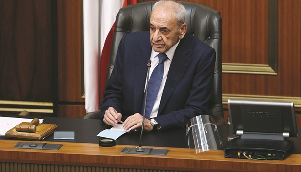 Lebanese Parliament Speaker Nabih Berri opens the fourth session in Beirut, yesterday.