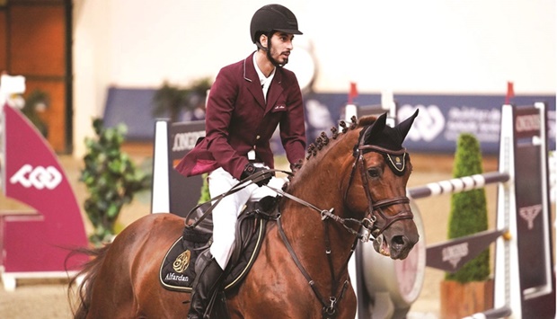 Mohamed Khalifa Albaker in action with with 12-year-old stallion Demilion during the Qatar Equestrian Tour - Longines Hathab at the Qatar Equestrian Federationu2019s Indoor Arena yesterday.