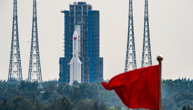 A Long March 5B rocket, which is expected to launch China's Mengtian science module to Tiangong space station, is seen before its planned launch. (AFP)