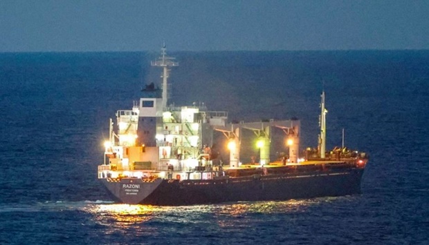 The Sierra Leone-flagged cargo ship Razoni, carrying Ukrainian grain, is seen in the Black Sea off Kilyos, near Istanbul, Turkey August 2, 2022.