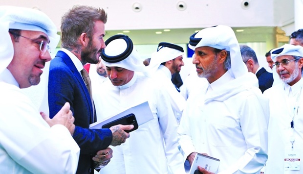Former UK football captain David Beckham with Qatar Football Association (QFA) president HE Sheikh Hamad bin Khalifa bin Ahmed al-Thani and other dignitaries at the 8th Aspire Academy Global Summit in Doha Monday.