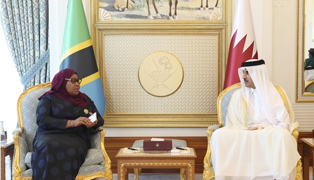 His Highness the Amir Sheikh Tamim bin Hamad Al-Thani meets with the President of the United Republic of Tanzania Samia Suluhu Hassan.