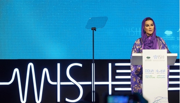 Her Highness Sheikha Moza bint Nasser delivers opening remarks at WISH 2022 Tuesday. PICTURE: AR Al-Baker.