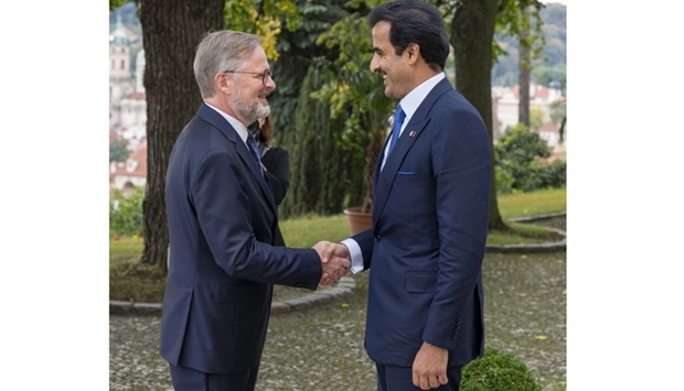 His Highness the Amir Sheikh Tamim bin Hamad al-Thani meeting with Czech Prime Minister Petr Fiala in Prague Wednesday.