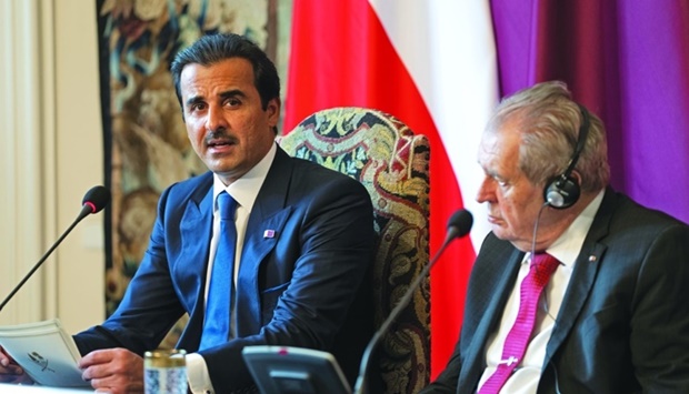 His Highness the Amir Sheikh Tamim bin Hamad al-Thani and Czech President Milos Zeman deliver their joint press statements.
