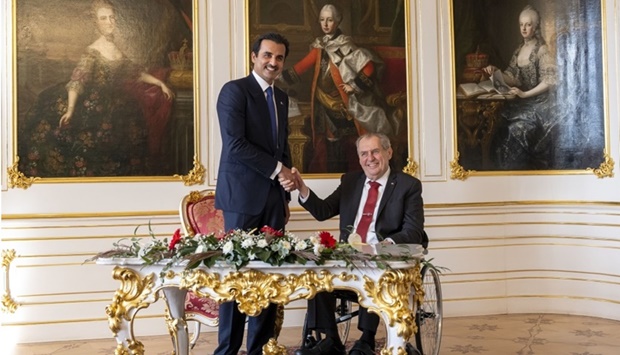 The President of the Czech Republic Milos Zeman welcomes His Highness the Amir Sheikh Tamim bin Hamad al-Thani