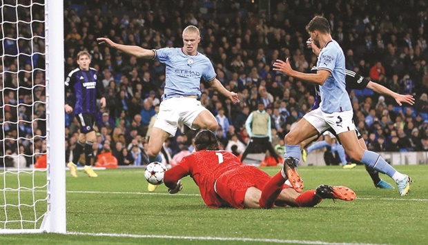Manchester Cityu2019s Erling Braut Haaland scores against FC Copenhagen. (Reuters)