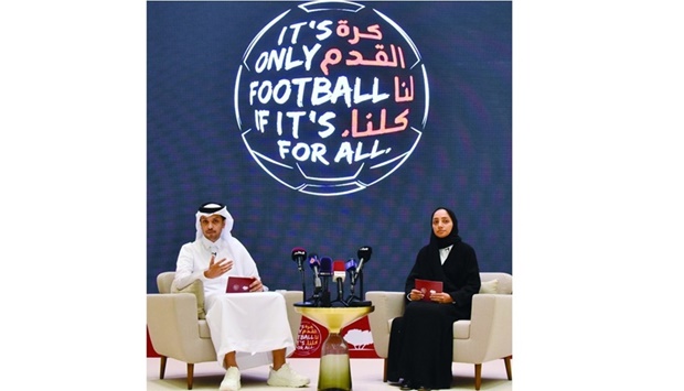QF officials Khalifa al-Kubaisi and Mashal Shahbik announcing the World Cup campaign on Sunday. PICTURE: Thajudheen.