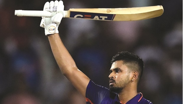 Indiau2019s Shreyas Iyer celebrates after scoring a century during the ODI match against South Africa at the Jharkhand State Cricket Association Stadium in Ranchi yesterday. (AFP)