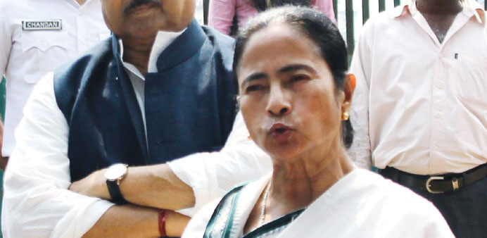 West Bengal Chief Minister Mamata Banerjee addresses a press conference after her party won two key by-elections, in Kolkata yesterday.