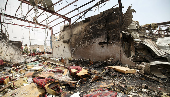 A wedding hall destroyed by a Saudi-led air strike in Yemen's capital Sanaa. Reuters
