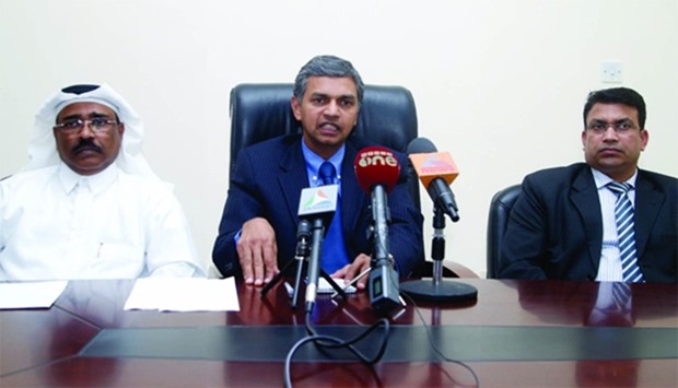 Indian ambassador P Kumaran, flanked by Kareem Abdulla and third secretary M Aleem at the press conference