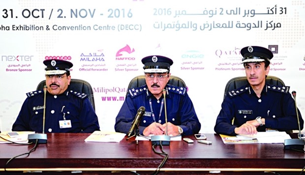(From left): Brigadier Nasser bin Fahad al-Thani, Brigadier Ahmed Abdulla al-Jamal and Brigdier Saud Rashid al-Shafi at the briefing where details of contracts awarded were announced.