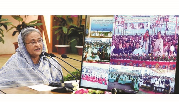 Sheikh Hasina speaking during a video conference with peopleu2019s representatives of northwestern Rajshahi division, in Dhaka, yesterday.