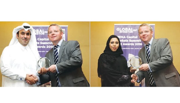 QNB Group officials receiving the awards at a ceremony held on the sidelines of The Global Investor/ISF Middle East Summit held recently in Dubai.