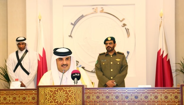 HH the Emir Sheikh Tamim bin Hamad al-Thani addressing the opening session of the Advisory Council. HH the Father Emir Sheikh Hamad bin Khalifa Al-Thani attended the opening.