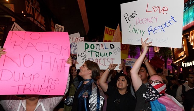 Anti-Donald Trump protesters march on the Las Vegas Strip in Las Vegas, Nevada.
