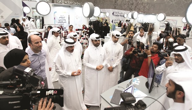 HE Sheikh Abdullah and al-Khalifa visit one of the participating companies at u2018GEW Qatar.u2019 PICTURE: Anas Khalid.