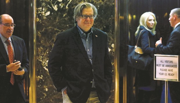 Campaign CEO Stephen Bannon departs the offices of  Donald Trump at Trump Tower in New York.