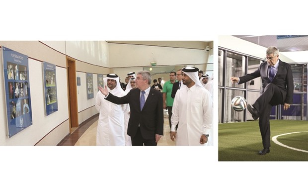IOC chief Thomas Bach visits Aspire Academy with HE Sheikh Saoud bin Abdulrahman al-Thani and other officials yesterday.