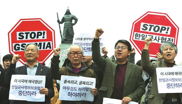 Korean protesters shout slogans during a rally in Seoul against the signing of the General Security of Military Information Agreement (GSOMIA) between South Korea and Japan.