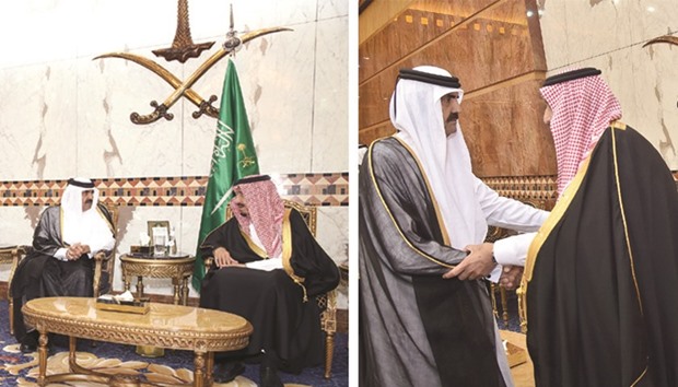 Left: HH the Father Emir Sheikh Hamad bin Khalifa al-Thani offering his condolences to the Custodian of the Two Holy Mosques King Salman bin Abdulaziz al-Saud of Saudi Arabia, in Riyadh yesterday.  Right: HH the Father Emir Sheikh Hamad bin Khalifa al-Thani meeting King Salman bin Abdulaziz al-Saud of Saudi Arabia.