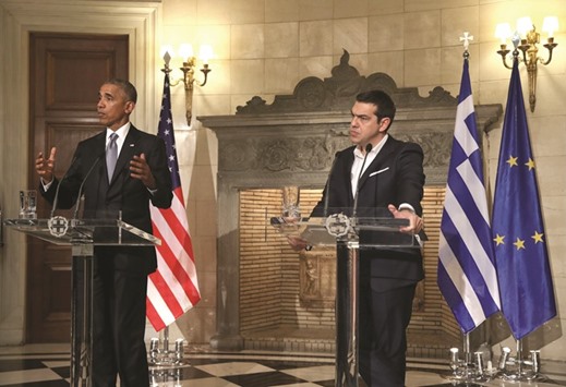Obama and Tsipras at the press conference after their meeting at the Maximos Mansion in Athens.