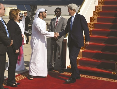 US Secretary of State John Kerry is greeted by Shehab al-Fahim from the UAE Foreign Ministry upon his arrival in Abu Dhabi yesterday.