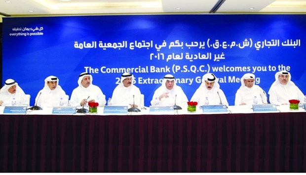 Sheikh Abdulla, Alfardan and other Commercial Bank directors at the company's extraordinary general meeting in Doha  PICTURE: Jayaram