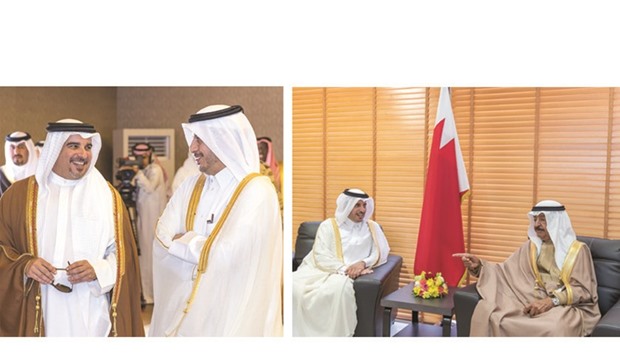 HE the Prime Minister and Minister of interior Sheikh Abdullah bin Nasser bin Khalifa al-Thani with Bahrainu2019s Crown Prince Salman bin Hamad al-Khalifah and (right) Bahrainu2019s Prime Minister Prince Khalifah bin Salman al-Khalifah in Bahrain yesterday.
