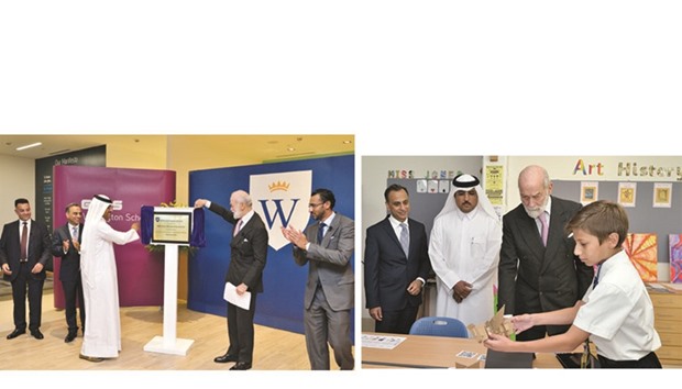 Dignitaries at the unveiling of a plaque to mark the official inauguration of GEMS Wellington School u2013 Qatar yesterday.   Right: Dignitaries interacting with a student.