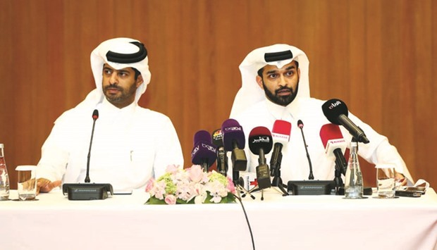 Supreme Committee for Delivery & Legacy Secretary General Hassan al-Thawadi (right) and Assistant Secretary General Nasser Fahad al-Khater address the media during the ANOC meeting in Doha yesterday. PICTURE: Noushad Thekkayil