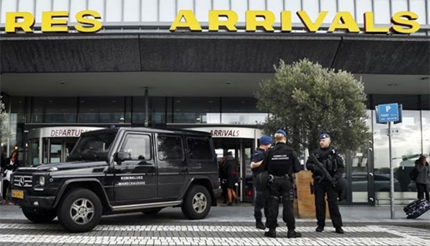 Dutch military police carry out controls at the entrance to Rotterdam Airport in Rotterdam on Thursday, after receiving an anonymous tip-off about a possible terror threat.