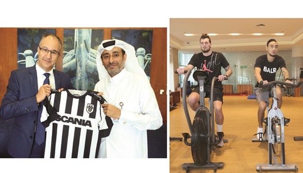 Aspetaru2019s acting director general Dr Mohamed Ghaith al-Kuwari with Angers Sporting Club de lu2019Ouest president Said Chabane.   Right photo: Angers SCO players Alexandre Letellier and Billy Ketkeophomphone in Aspetar.