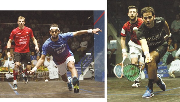 Mohamed ElShorbagy of Egypt fought back from two games down to subdue Englandu2019s Nick Matthew.  Right photo: World champion Karim Abdel Gawad (black) saw off Englandu2019s Daryl Selby in the second semi-final of the Qatar Classic. PICTURES; Nasar TK