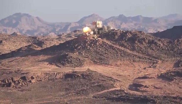 The Houthi missile explodes at Asir , Saudi Arabia- image grab from a video posted online