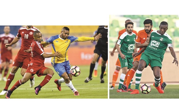 Action during the Qatar Stars league match between Al Gharafa and Al Arabi held yesterday at the Al Gharafa stadium. PICTURE: Noushad Thekkayil   (Right photo) Action during the Qatar Stars league match between Al Ahli and Umm Salal  held yesterday. PICTURE: Othman Iraqi