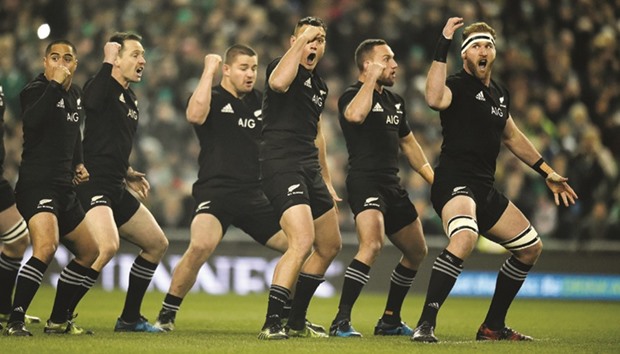 New Zealand players perform the Haka before the match against Ireland in Dublin yesterday.
