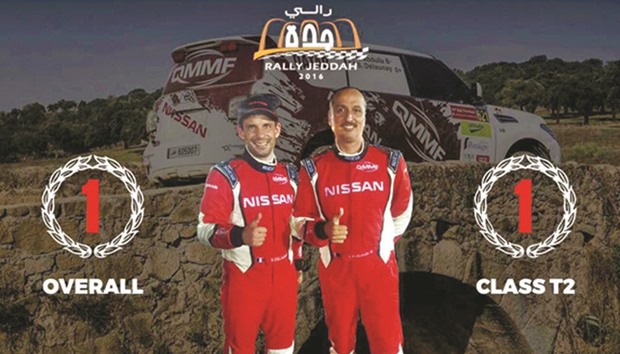 Su00e9bastien Delaunay (L) and Adel Hussein Abdulla pose after winning the two-day Rally Jeddah on Friday.