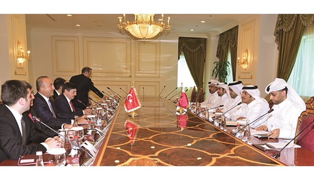 HE the Foreign Minister Sheikh Mohamed bin Abdulrahman al-Thani and his Turkish counterpart Mevlut Cavusoglu, chairing the Qatari-Turkish consultative committee meeting.