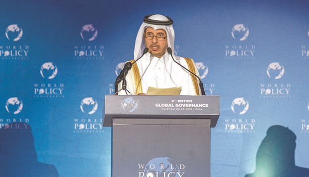 HE the Prime Minister and Minister of Interior Sheikh Abdullah bin Nasser bin Khalifa al-Thani addressing the 9th edition of the World Policy Conference at Doha Sheraton Hotel yesterday.