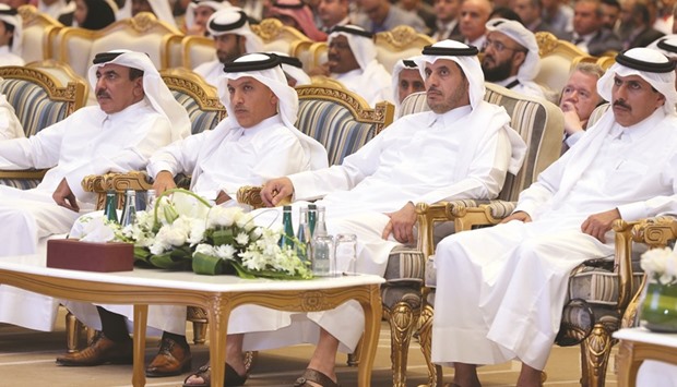 HE the Prime Minister and Minister of Interior Sheikh Abdullah bin Nasser bin Khalifa al-Thani joins government dignitaries during the opening of the third Annual Information Security Conference for the Financial Sector. From left are HE the Minister of Transport and Communications Jassim Seif Ahmed al-Sulaiti, HE the Finance Minister Ali Sherif al-Emadi, and HE the Governor of Qatar Central Bank Sheikh Abdullah bin Saud al-Thani. PICTURE: Jayan Orma