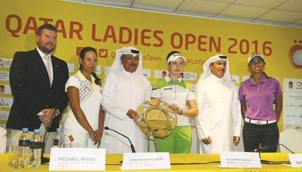 Fahad Nasser al-Naimi (third from left), General Secretary of Qatar Golf Association, and Mohamed Faisal al-Naimi (second from right), Executive Director of QGA, with Ladies European Tour professionals Aditi Ashok (right), Maha Haddioui (second from left), Georgia Hall (centre) and LET Tournament Director and Technical Manager Michael Wood at the Doha Golf Club yesterday. PICTURE: Anas al-Samaraee