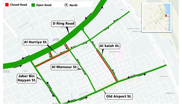 The nearly six-month closure on Al Hurriya Street will extend from Al Mansour and Al Hurriya streets intersection to Jabir Bin Hayyan Street, whereas the closure on Al Salah Street will extend from in front of Hassan Bin Thabet School to the Old Airport Commercial Street.