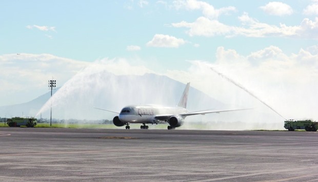 QR930 was greeted with a traditional water salute upon arrival at Clark International Airport.