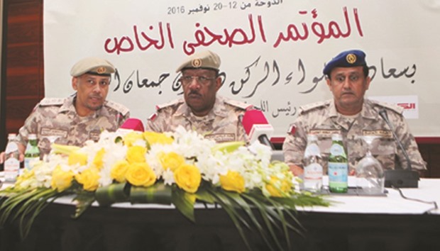 Chairman of the Military Sports Federation and Chairman of the organising committee of the 49th CISM World Military Shooting Championship Major General Dahlan al-Ahmad (C) addresses the media yesterday.