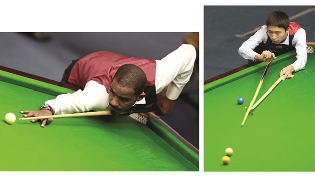 Qataru2019s A. Mohsin al-Abdulrahman plays a shot en route to his win over Paul Smyth of Isle of Man during the IBSF World Snooker championship at Al Sadd indoor arena.  Right photo: Kyrgyzstanu2019s 17-year-old cuiest Mukhamed Karimberdi Uulu in action.