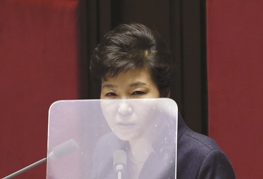 South Korean President Park Geun-hye delivers her speech during a plenary session at the National Assembly in Seoul, South Korea.
