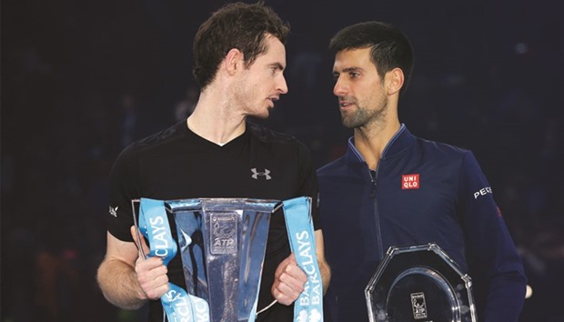 Great Britainu2019s Andy Murray (L)  and Serbiau2019s Novak Djokovic after their ATP Tour Finals deciding match on Sunday.